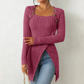Elegant Women's Solid Color Slim-Fit Long Sleeve Top - Square Neck & Button Detail With Asymmetric Hem, Casual Fall&Spring Blouse Lady T Fashions