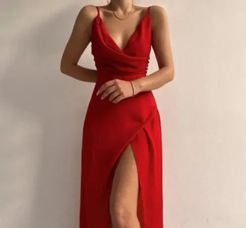 V-neck Slit Sling Dress Summer Fashion Sexy Slim Suspender Dresses For Women Clothing Lady T Fashions