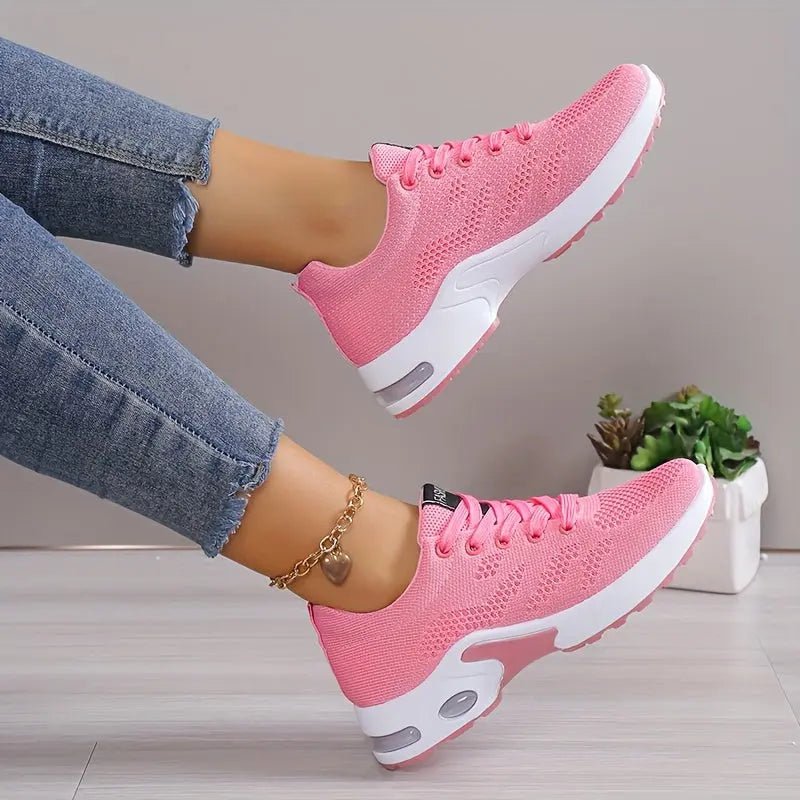 Plus Size Women's Comfortable Air Cushion Low Top Running Sneakers, Lace Up Knitted Outdoor Athletic Shoes Lady T Fashions
