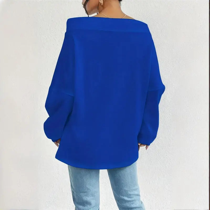 Plus Size Women's Solid Color Off-Shoulder Long Sleeve Pullover With Drawstring - Casual Ribbed Detail Top For Spring&Fall Lady T Fashions