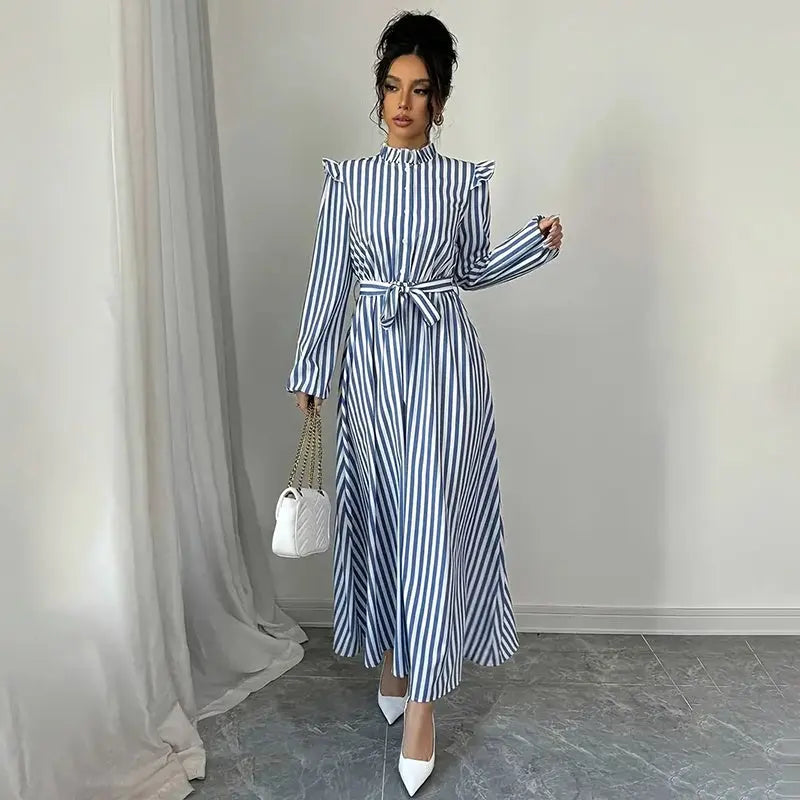 Women's Floral Print Long Sleeve Maxi Dress - Stand Collar A-Line Dress With Waist Detail, Lantern Sleeves & Ruffle Hem For Spring&Fall Lady T Fashions
