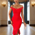 Women's Solid Color Beaded Off-Shoulder Bodycon Dress - Ruffle Hem & Slit Tight Midi Dress For Summer Parties Lady T Fashions
