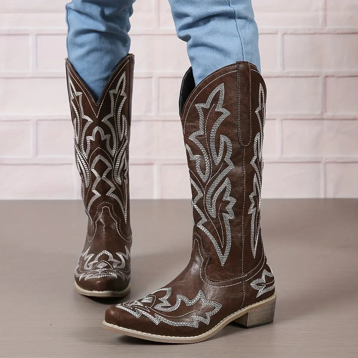 [Retro Cowgirl Boots] Retro Style Women's Western Mid Calf Boots | V-cut Embroidery Cowgirl Boots, Pointed Toe Slip On Shoes Lady T Fashions