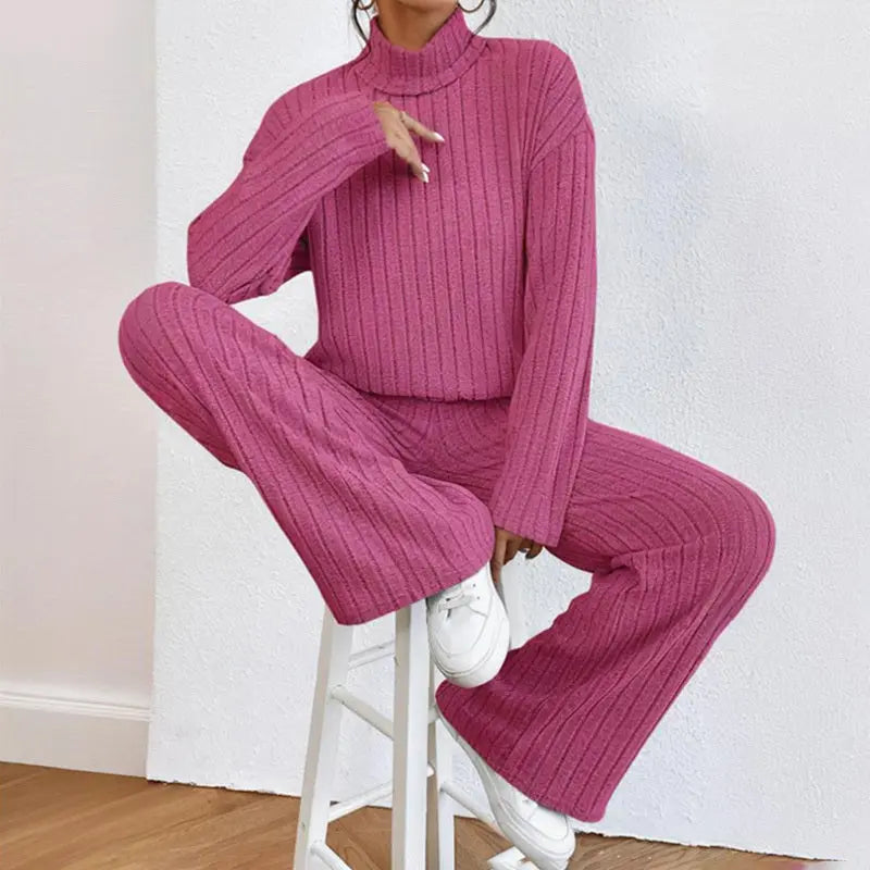 Women's Solid Color 2-Piece Set High Neck Long Sleeve Top & Pants, Striped Loungewear For Fall&Winter Lady T Fashions