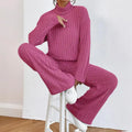 Women's Solid Color 2-Piece Set High Neck Long Sleeve Top & Pants, Striped Loungewear For Fall&Winter Lady T Fashions