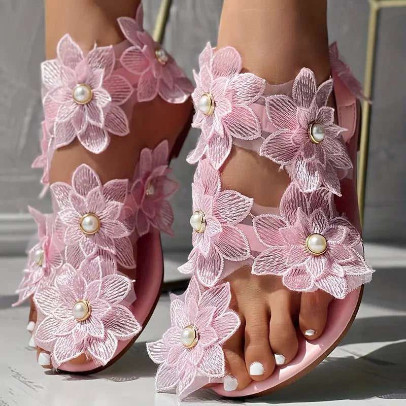 [Flowers Flat Women's Sandals] Women's Flowers Flat Sandals, Fashion Toe Loop Faux Pearl Slip On Shoes, Casual Beach Travel Sandals Lady T Fashions