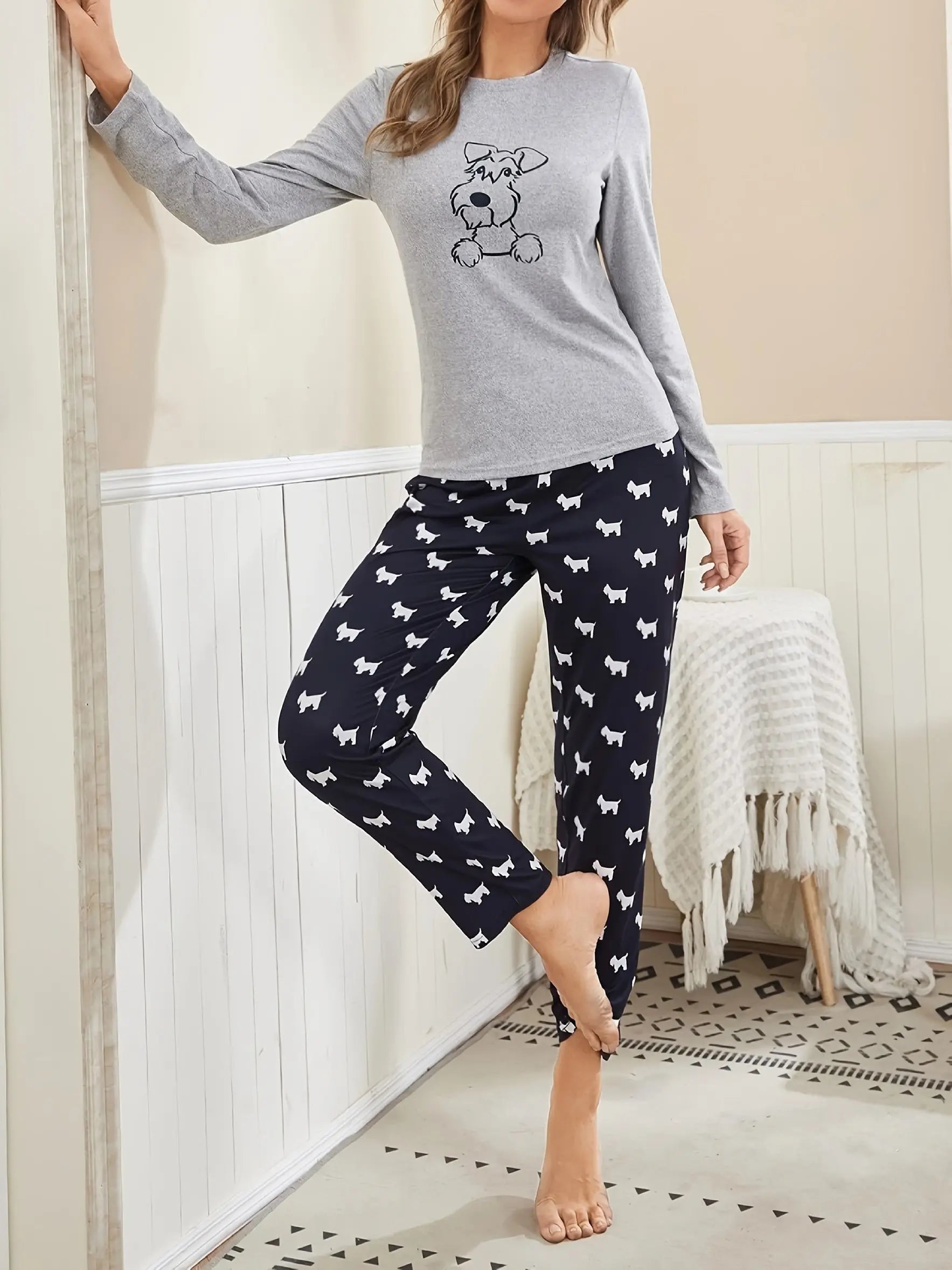 Cartoon Dog Print Pajama Set, Long Sleeve Crew Neck Top & Elastic Waistband Pants, Women's Sleepwear & Loungewear Lady T Fashions