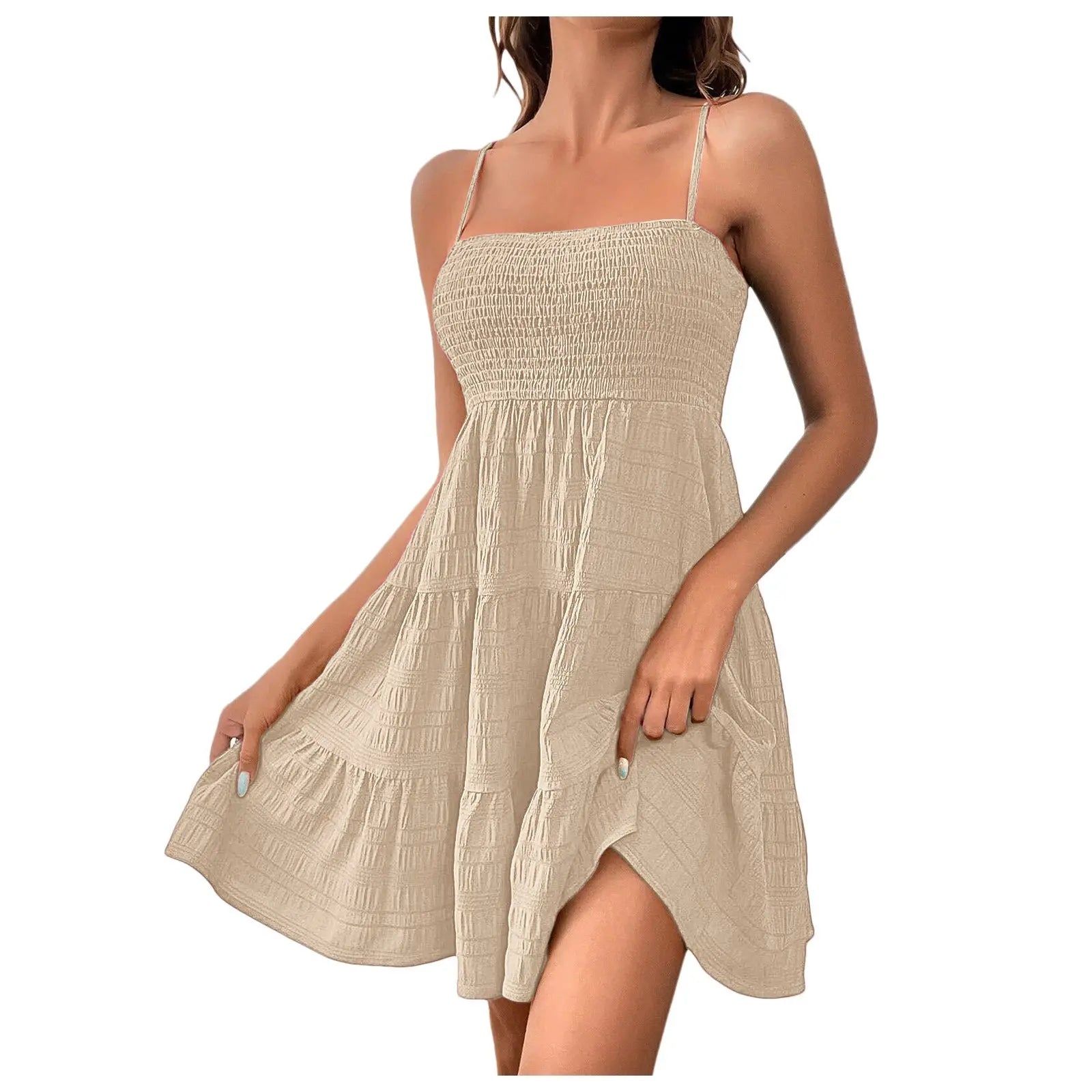 Women's Spaghetti Strap Sleeveless Smocked A-Line Swing Mini Dress, Elegant Casual Summer Dress Lady T Fashions