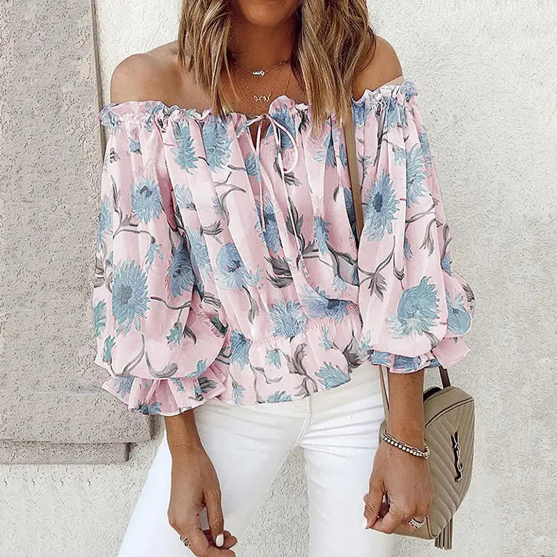 Womens Summer Off Shoulder Blouse Floral Print Ruffle Sleeve Casual Chiffon Tops Shirts Lady T Fashions