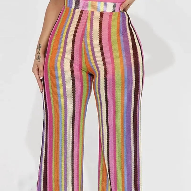Ladies' Fashionable Casual Printed Rainbow Stripe Straight Leg Wide Leg Pants Lady T Fashions