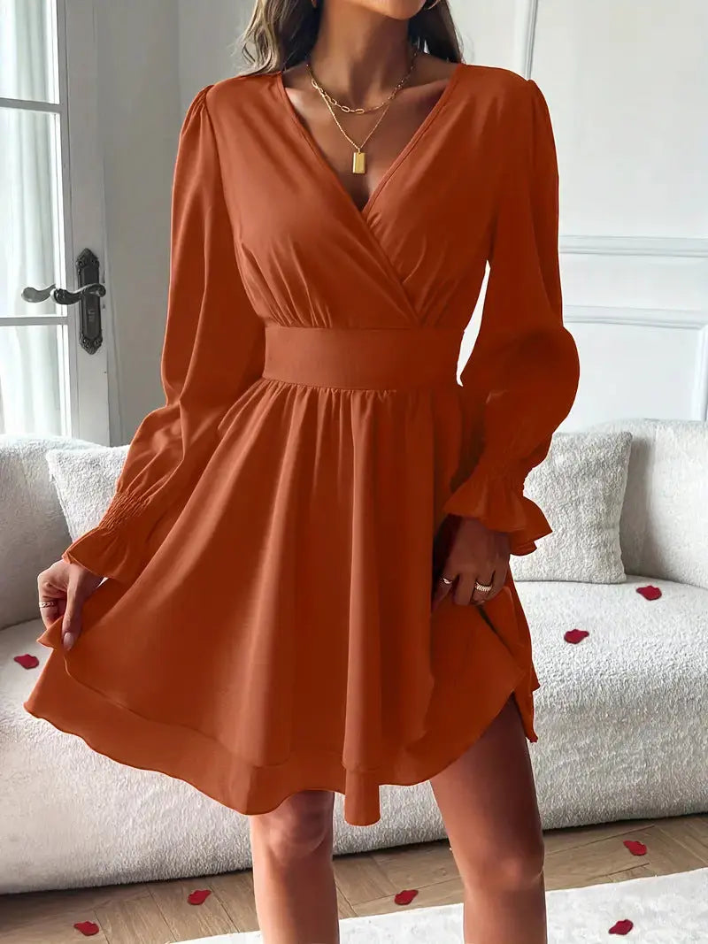 Women's Double-layer Skirt V-neck Tight Waist Dress Lady T Fashions