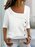 Women's Asymmetric Collar Buckle Solid Color Casual Long Sleeves Top Lady T Fashions