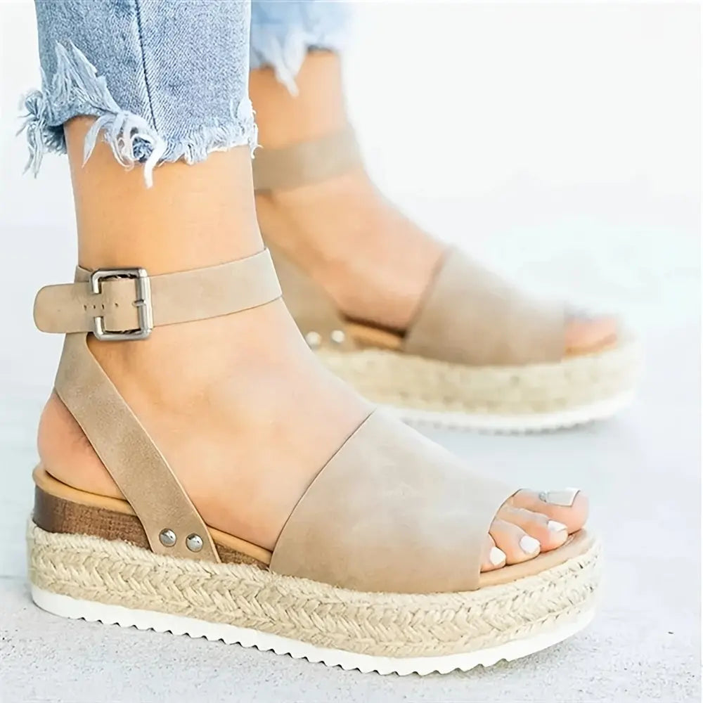Mid Heel Platform Espadrille Sandals - Buckle Ankle Strap, Open Toe, Lightweight, Non Slip, Faux Leather Upper, PU Sole, Comfortable, Casual, Solid Color, Summer Shoes for Women Lady T Fashions