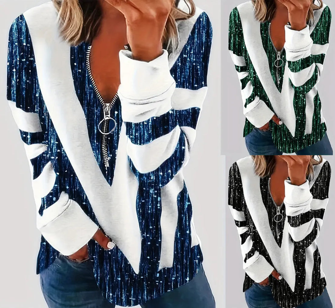 Women's Long Sleeve Shirts Zipper Color Block V Neck Tunic Tops Casual Blouse Lady T Fashions