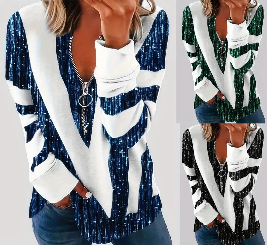 Women's Long Sleeve Shirts Zipper Color Block V Neck Tunic Tops Casual Blouse Lady T Fashions
