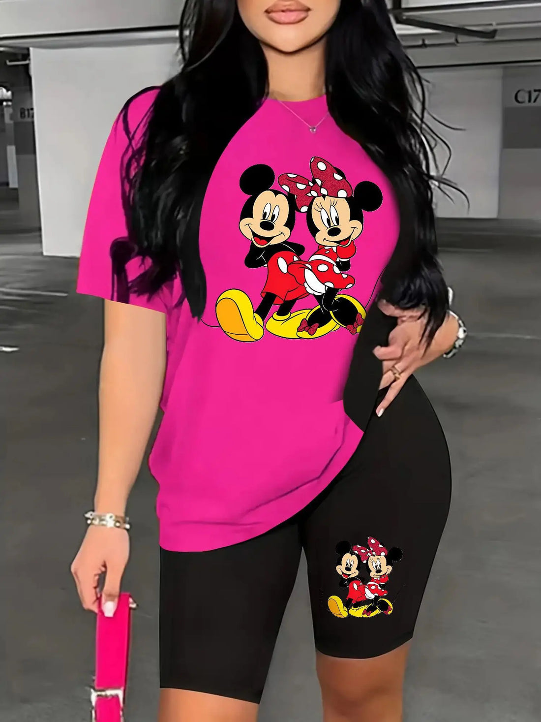 A Two-Piece Outfit Featuring a Printed Short-Sleeve T-Shirt with Dropped Shoulders And Cropped Leggings, Designed for Plus-Size Women, Licensed with Mickey And Minnie. Lady T Fashions
