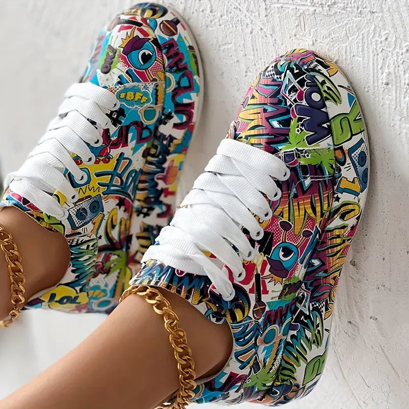 Womens Graffiti Art Sneakers - Stylish Lace-Up Platform Shoes with Comfortable Low Top Design - Perfect for Sports & Casual Wear - Fashionable Skate Style Lady T Fashions