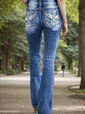 Women's Versatile And Fashionable Stretch Denim Bell Bottoms, Retro Street Style, Comfortable Embroidered Casual Jeans, Suitable For Daily Wear Lady T Fashions