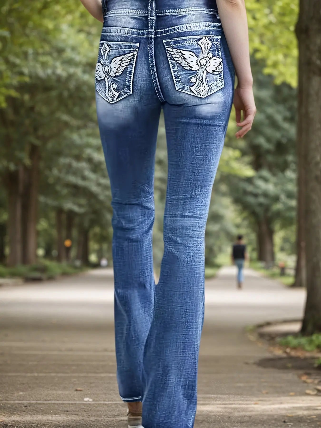 Women's Versatile And Fashionable Stretch Denim Bell Bottoms, Retro Street Style, Comfortable Embroidered Casual Jeans, Suitable For Daily Wear Lady T Fashions