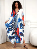 Plus Size Floral Print Dress - Elegant V-Neckline, Flowy Batwing Sleeves, Effortless Casual Style - Designed for Plus-Size Women, Ideal for Ramadan Celebrations and Everyday Wear Lady T Fashions