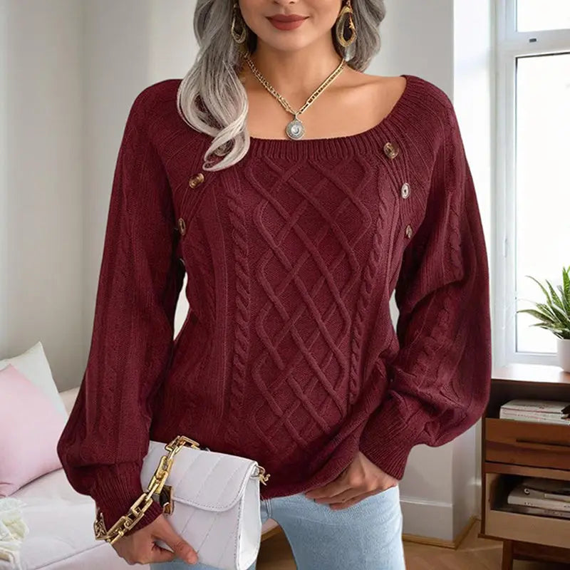 Women's Solid Color Casual Square Neck Button-Detail Knit Top - Textured Ribbed Pattern, Cozy Fall&Winter Sweater Lady T Fashions