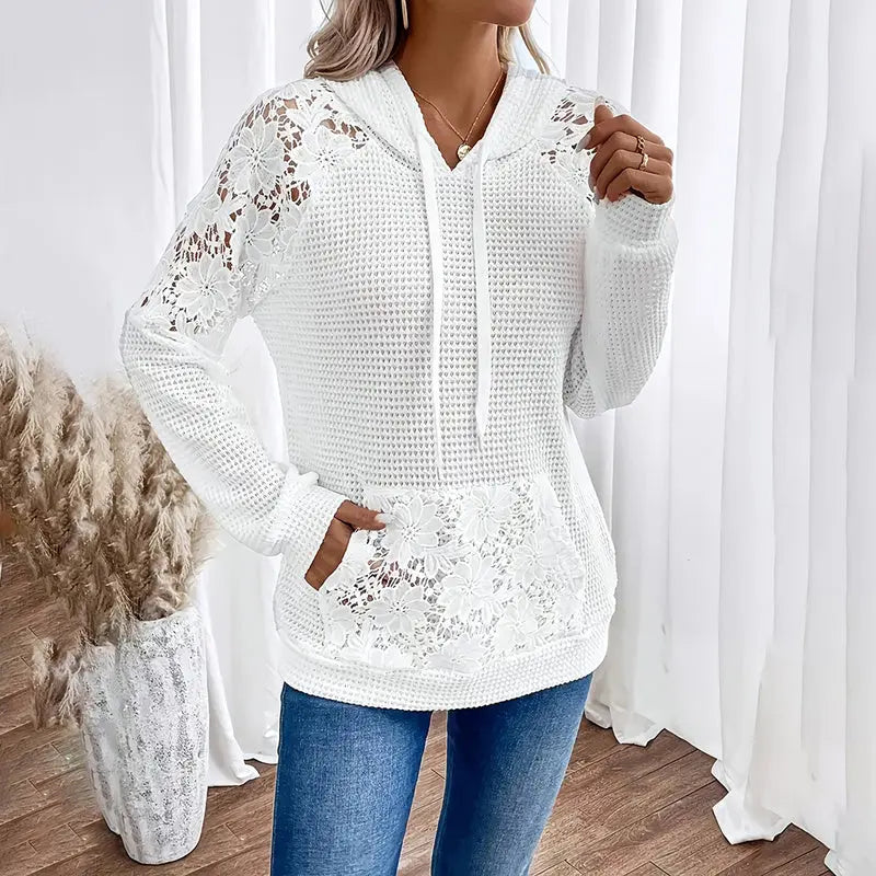 Women's Solid Color Casual Hooded Sweatshirt With Lace-Trimmed Sheer Sleeves & Large Lace Pockets, Pullover Hoodie Lady T Fashions