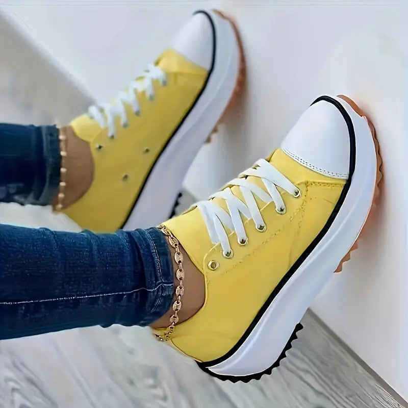 Women's Chunky Canvas Shoes, Non Slip Lace Up Casual Sneakers, Thick Sole Running Sports Shoes Lady T Fashions