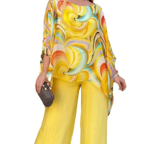 Summer New Colorful Chiffon Suit Casual Round Neck Printed Two-piece Suit Lady T Fashions