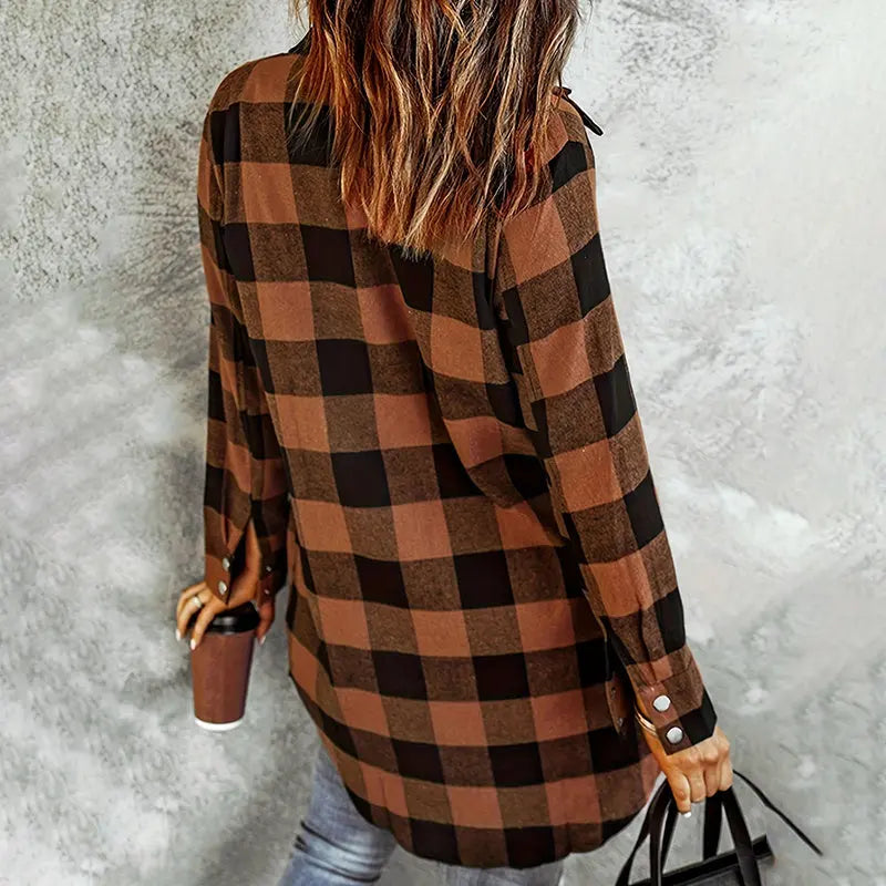 Women's Long Sleeve Plaid Print Button Front Casual Shirt For Spring & Fall Lady T Fashions