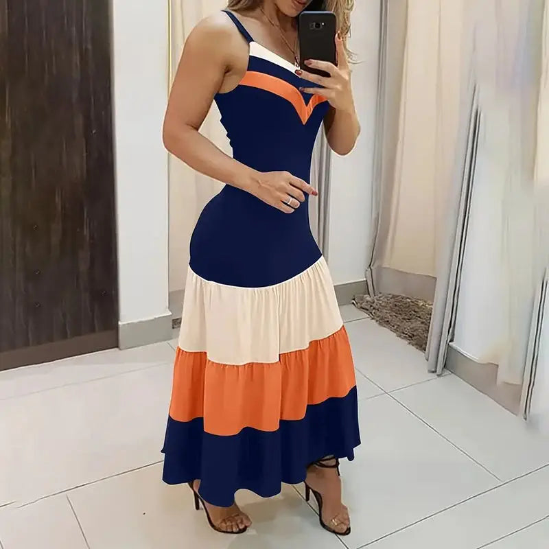 Women's Summer Casual Sleeveless V Neck Color Block Spaghetti Strap Maxi Long Dress Lady T Fashions