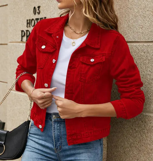 Solid Color Fashion Slim Lapel Denim Jacket Lady T Fashions