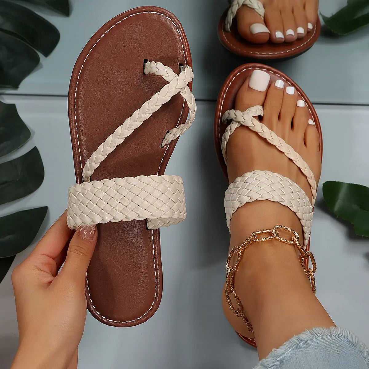 Women's Flat Slide Sandals, Toe Loop Braided Band Slip On Shoes, Casual Beach Slides Lady T Fashions
