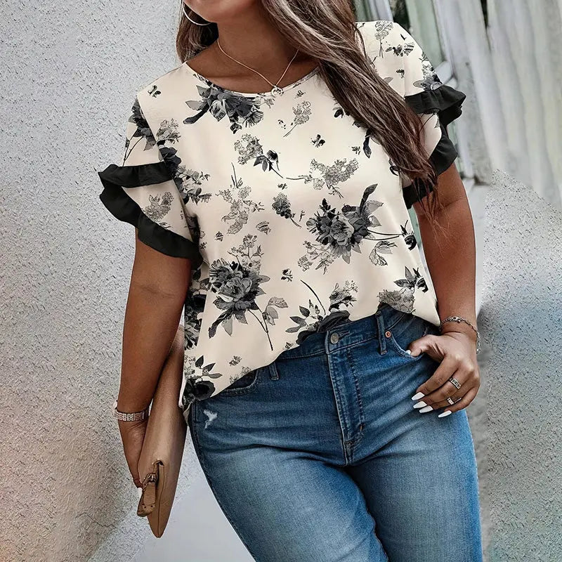 Womens Plus Size Round Neck Blouse - Floral Print Short Sleeve Top With Ruffle Sleeve Detail, Elegant Summer Shirt Lady T Fashions