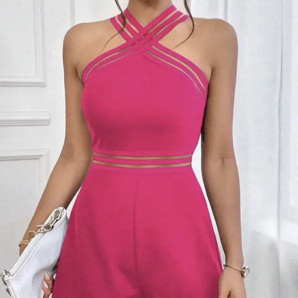 Women's Solid Color Mesh Off Shoulder Suspender Style Mesh Splicing Cross Cross Exposed Navel Sexy Elegant Style Short Jumpsuit Lady T Fashions