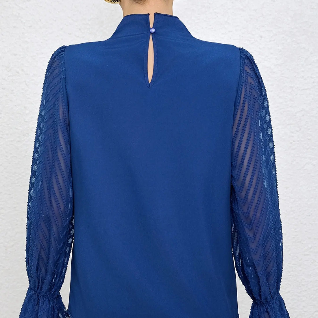 Women's Solid Color Mesh Patchwork Long Sleeved Shirt With Black Fungus Edge Collar Lady T Fashions
