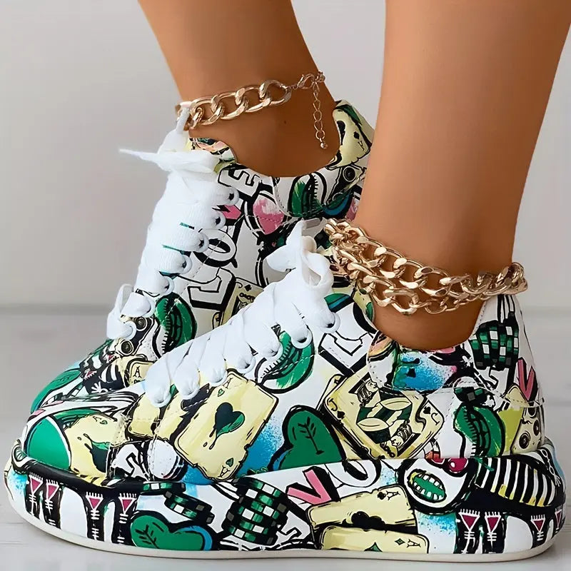 Womens Graffiti Art Sneakers - Stylish Lace-Up Platform Shoes with Comfortable Low Top Design - Perfect for Sports & Casual Wear - Fashionable Skate Style Lady T Fashions