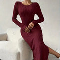 Women's Crew Neck Long Sleeve Ribbed Dress Side Slit Knit Bodycon Midi Dress Lady T Fashions