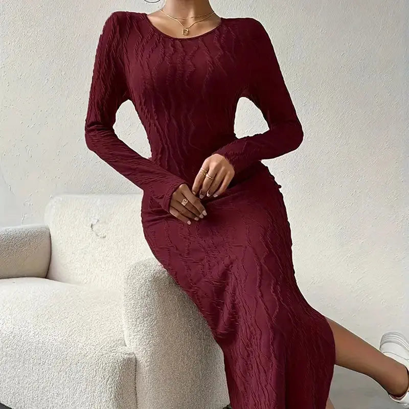 Women's Crew Neck Long Sleeve Ribbed Dress Side Slit Knit Bodycon Midi Dress Lady T Fashions