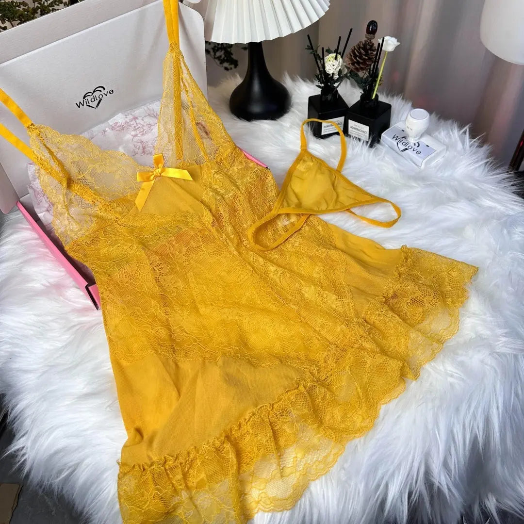 Women's One Piece Sexy And Cute Style Lace Cami NiahtdressRuffle Hem Sheer Babydoll Chemise Nightgown,fashionsleepwear Sultry Lingerie Lady T Fashions