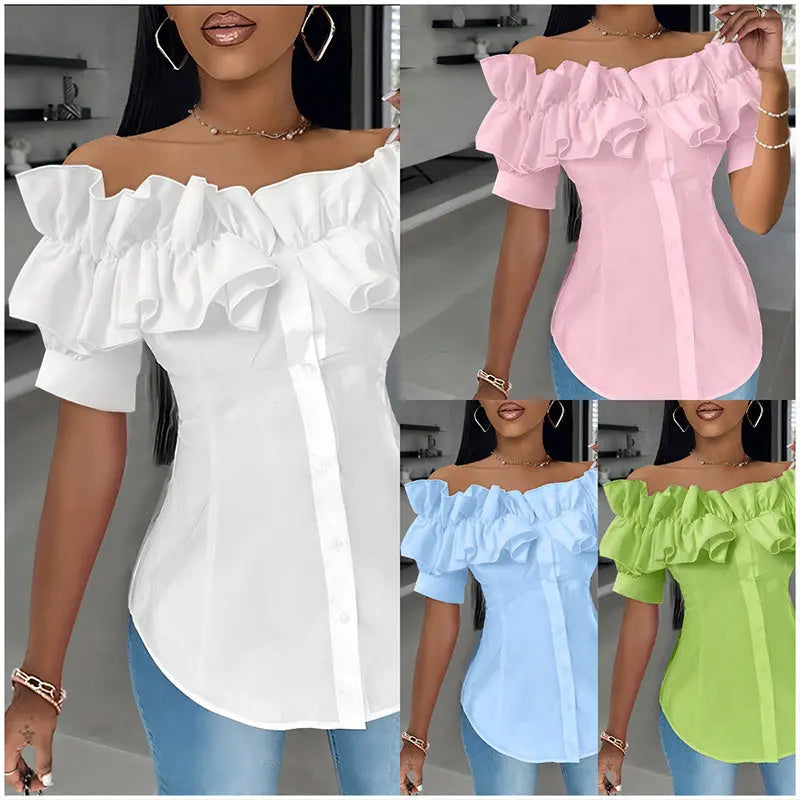 Women's Solid Color Off-Shoulder Ruffled Blouse - Waist Button-Down Shirt For Vacation & Daily Wear Lady T Fashions