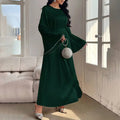 Elegant Round Neck Solid Color Flared Maxi Dress Long Sleeve With Pearl Cuff Detail, Modest A-Line Middle Eastern Abaya Party & Vacation Dress For Women Lady T Fashions