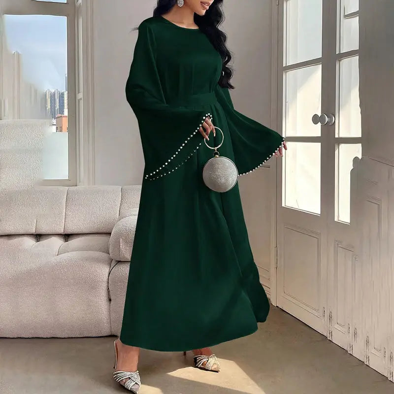 Elegant Round Neck Solid Color Flared Maxi Dress Long Sleeve With Pearl Cuff Detail, Modest A-Line Middle Eastern Abaya Party & Vacation Dress For Women Lady T Fashions
