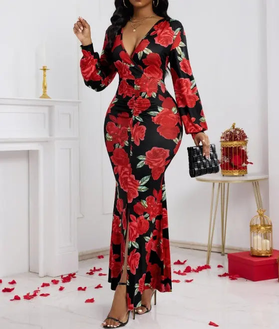 Ladies' V-neck Floral Print Fashionable Hip Hugging Dress Lady T Fashions