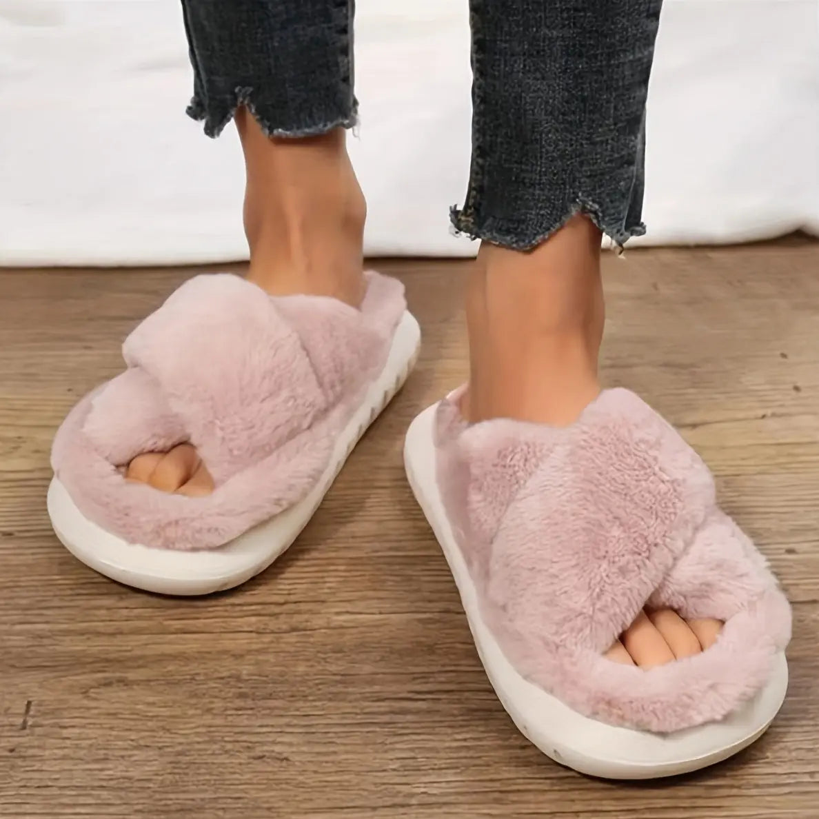 Women's Platform Fuzzy House Slippers, Open Toe Criss Cross Solid Color Casual Home Slides, Women's Indoor Flat Comfy Shoes Lady T Fashions
