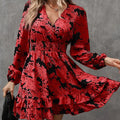 Women's Elegant Printed Lantern Sleeve A-Line Dress V-Neck, Ruffled Gathered Waist Detail, Flowy Midi Dress For Casual & Formal Occasions Lady T Fashions