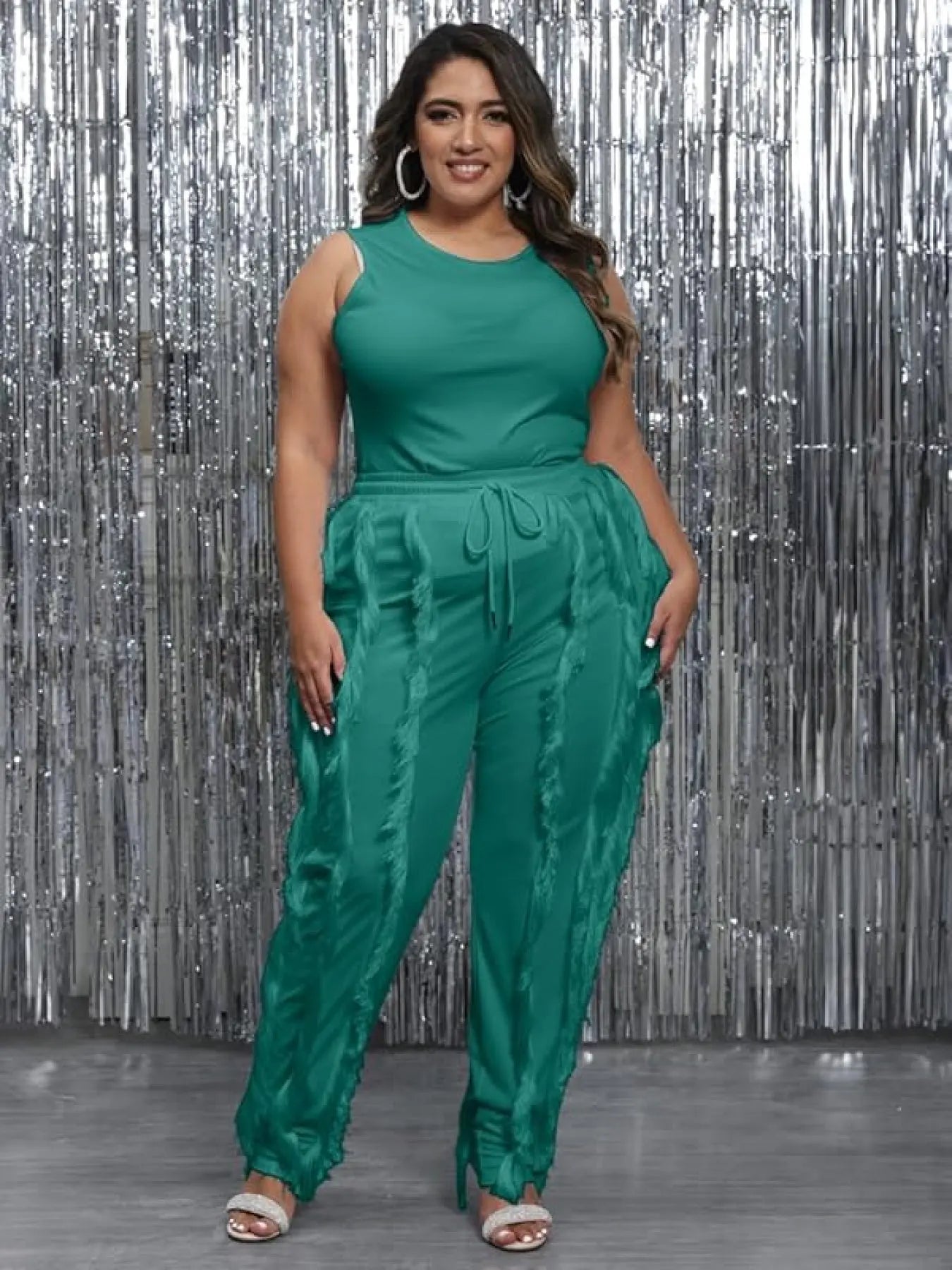 Plus Size - Women Plus Size 2pcs Outfits Fringe Tassel Long Pants Set Sleeveless Tank Tops Clubwear Lady T Fashions