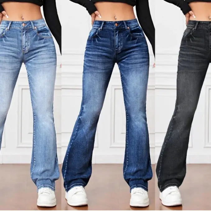 Denim High Waist Loose And Slimming Bootcut Trousers Lady T Fashions