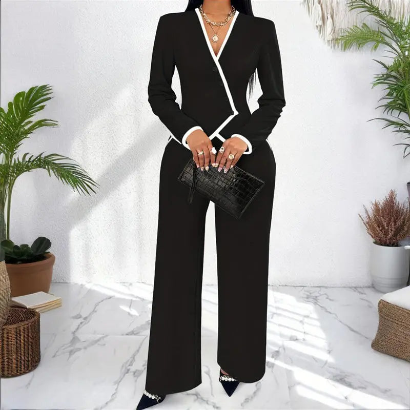 Women's Two-Piece V-Neck Long Sleeve Blouse With Contrast Trim & Straight Leg Wide Pants Set - Office Wear Suit For Spring&Fall Lady T Fashions
