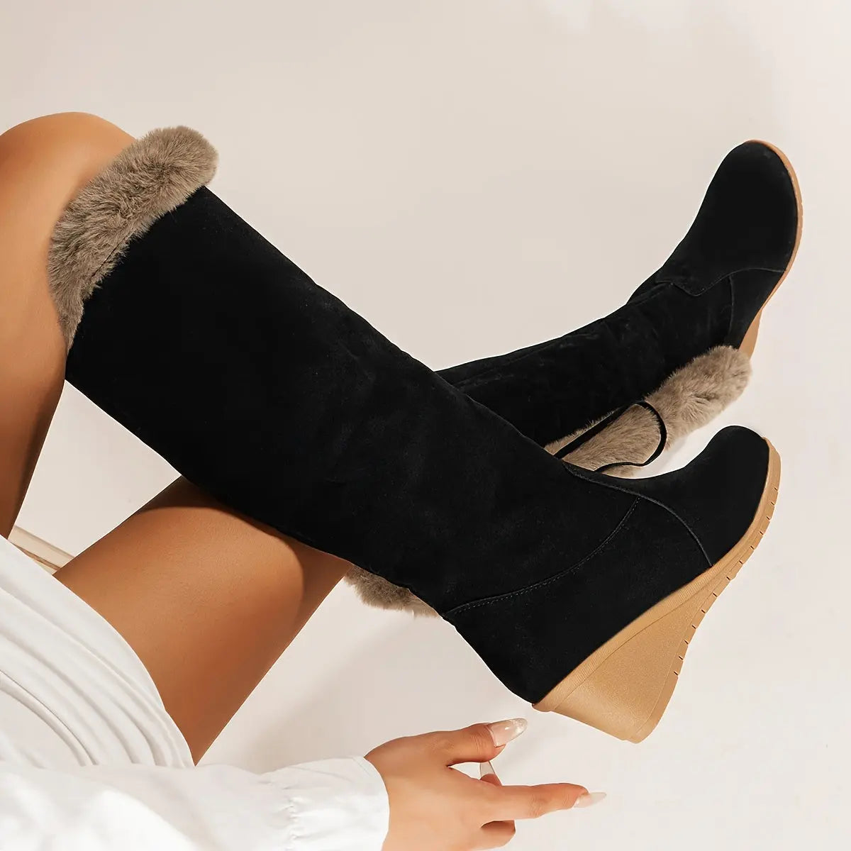 Women's Wedge Knee High Snow Boots, Plush Comfy Lace Up Round Toe Shoes, Winter Thermal Shoes Lady T Fashions