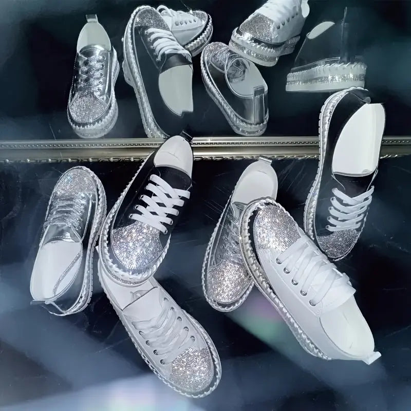 Comfortable Low Top Rhinestone Decor Sneakers - Casual Lace Up Outdoor Shoes for Plus Size Women Lady T Fashions